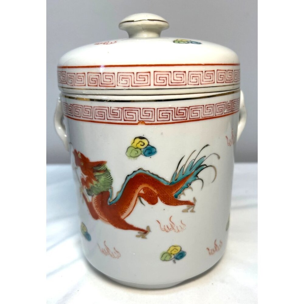 Vintage Chinese Double lid Hand Painted Dragon Phoenix Tea Caddy Satsuma